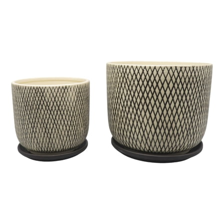 Decorative Mesh Style Pattern Flower Pots with Saucer Planters - Stylish Casual Indoor and Outdoor Plant Pots for Home Decor - Pots for Plants for Entryway Plant Stand Display - Set of 2, 8", Tan