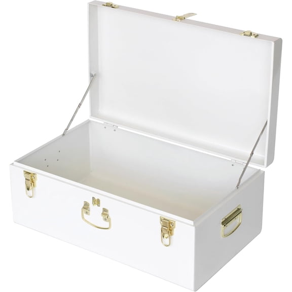 Decorative Metal Box, Home Storage Organizer with Lock Hole and Handle, Toy Box for Kids, 23.8X14.2X9.5 Inches (White)