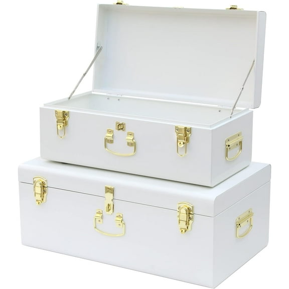 Decorative Metal Box Storage Trunks Set of 2 College Dorm Chest with Lock Hole,23.7X14.2X9.5 Inches(White)