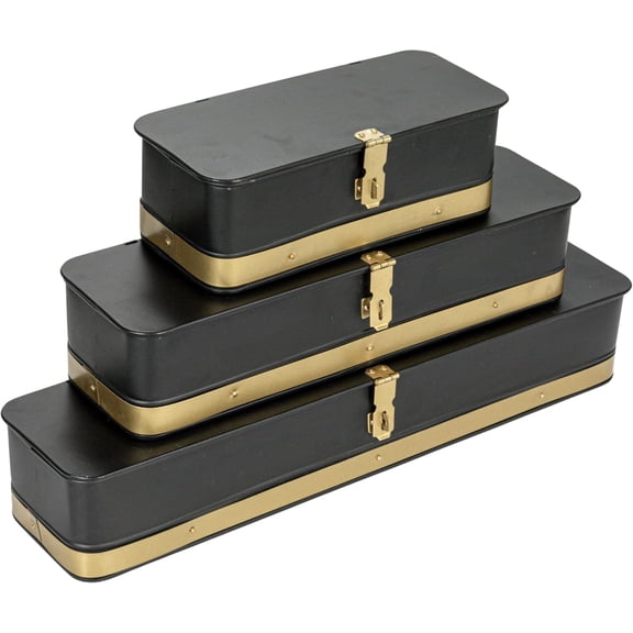 Decorative Metal Boxes with Lid, Black with Gold Band, Set of 3