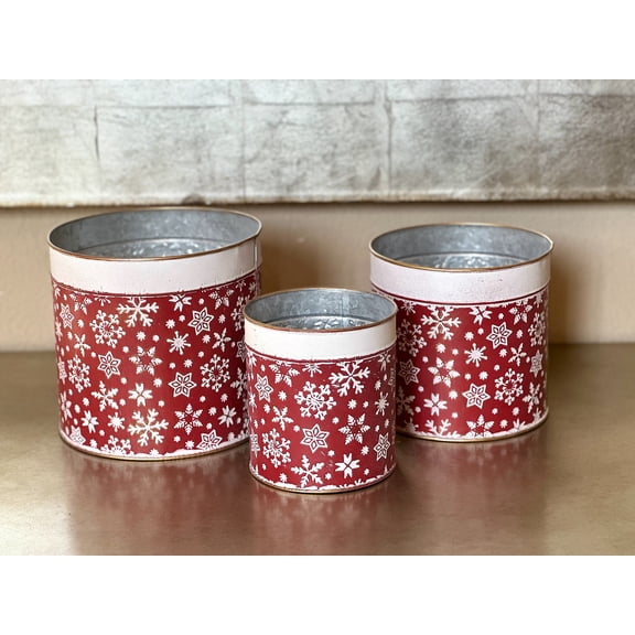 Decorative Metal Buckets Red & White Snowflakes Embossed Designs Set Containers Christmas Winter Holiday Decor Accessories Indoor Outdoor (Set of 3)