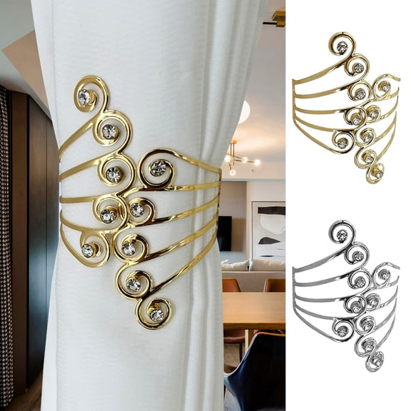 Decorative Metal Curtain Tieback Hook with Rhinestones, Gold Spring Loaded Holdback Clip, Single Pack Wall Mounted Drapery Holder, 3.9x2.4 inches, Modern Home Decor Curtain Hardware Accessory