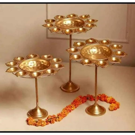 Decorative Metal Diya Traditional Lotus Urli Tealight Holder for Diwali Decoration | Pooja | Event | Fastivals | Christmas | Set of 3 | Size: 14"-16"-12" & Urli 10" Inches