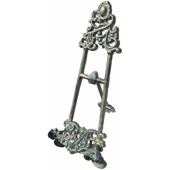 Decorative Metal Easel Stand, Vintage Turquoise Cast Iron, Ornate Scroll Design, 13.4x5.5 Inches, Display Holder for Art, Photo, Book,Tablet and More
