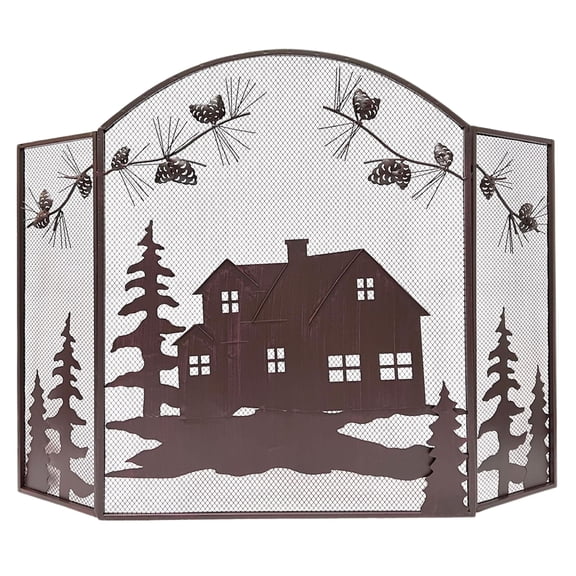 Decorative Metal Foldable Fireplace Screen with House Cabin Lodge Pine Cone
