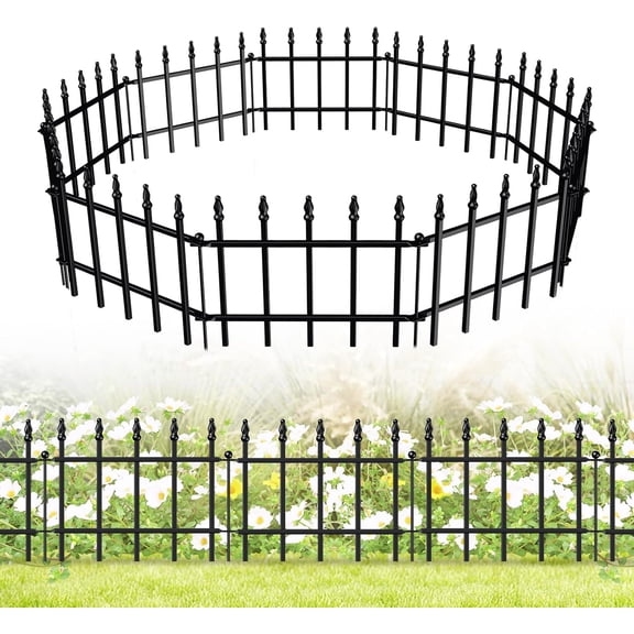 Decorative Metal Garden Fence 11" x 12', Small Fence Border with Stakes | 10 Panels, Short Wrought Iron Fencing for Flower Bed, Landscape Edging with Decor Spikes, No-Dig Stakes, Black