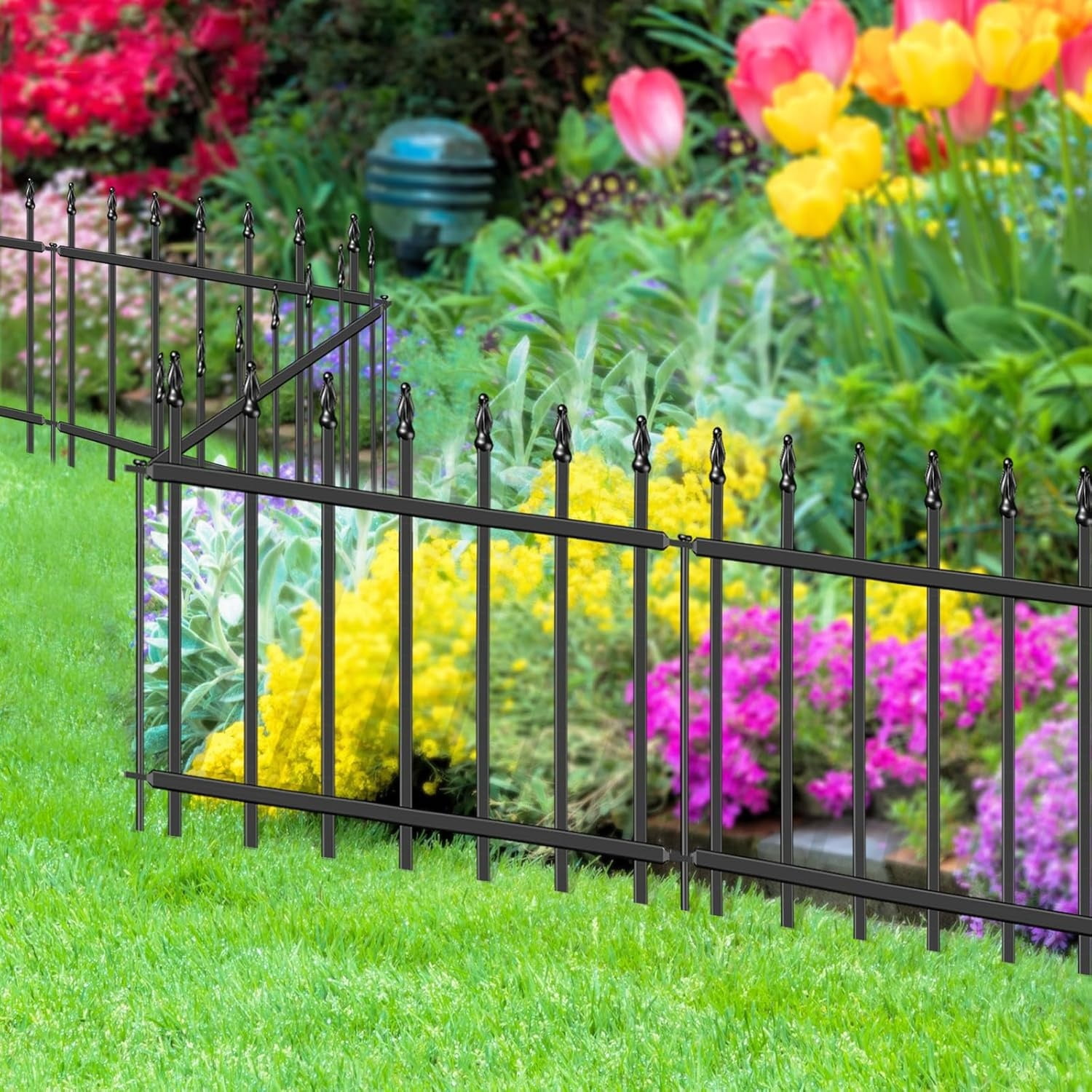 Decorative Metal Garden Fence 18 in H x 10 ft L, Barrier Fencing for Yard Flower Bed Lawn Landscape Outdoor, 5 Panels + 6 Stakes Black