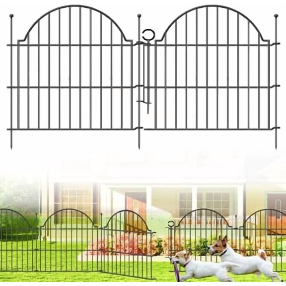 Decorative Metal Garden Fence with Gate Lock 5 Panels, 24in (H) x 10ft (L) No Dig Dog Fence Outdoor for Yard, Temporary Rustproof Metal Wire Rabbit Dog Garden Border Fencing for Patio