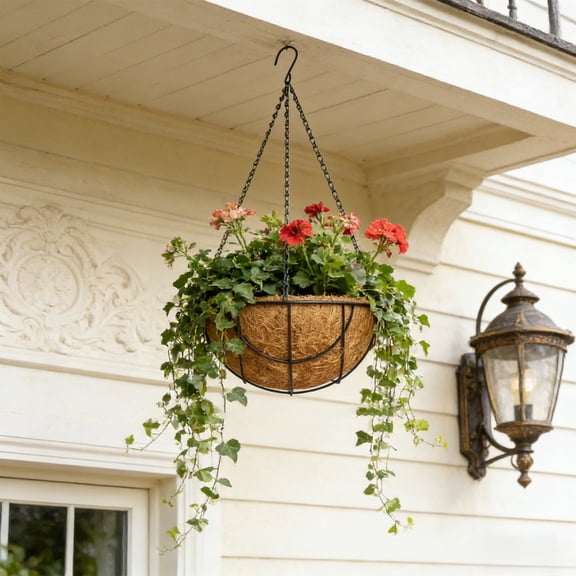 Decorative Metal Hanging Planter Basket with Coco Coir Liner - Rustic Flower Pot for Outdoor Garden & Patio Decor