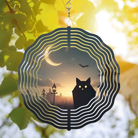 Decorative Metal Hanging Wind Spinners & Chimes - Artistic Circular Patterns for Yard & Garden - Cat & Moon Design