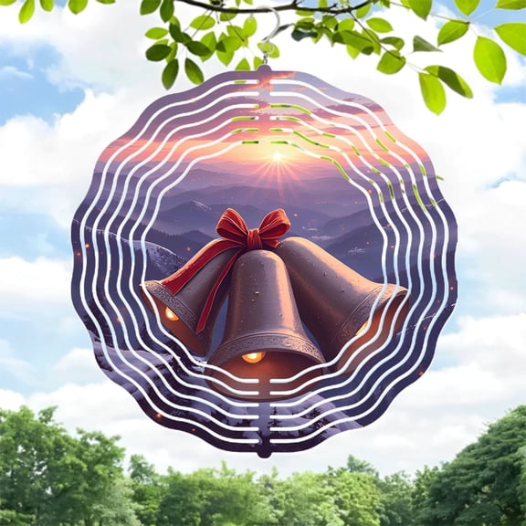 Decorative Metal Hanging Wind Spinners & Chimes - Circular Pattern with Bells & Red Ribbon Perfect for Yard & Garden Decor