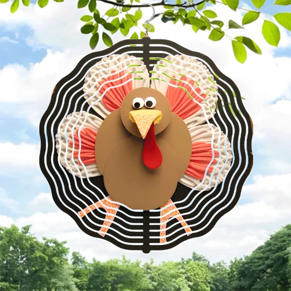 Decorative Metal Hanging Wind Spinners & Chimes - Festive Turkey Design with Concentric Target Pattern for Yard & Garden
