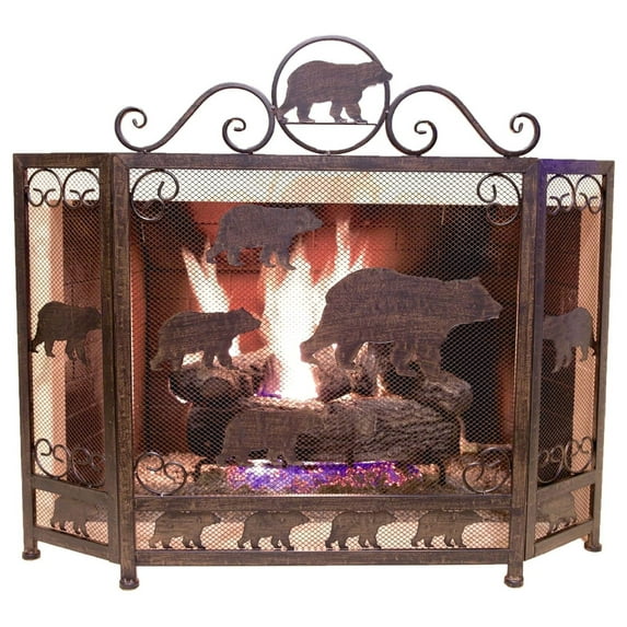Decorative Metal Heavy Foldable Fireplace Screen with Bears in Brown Metal Mesh Rustic Western Country