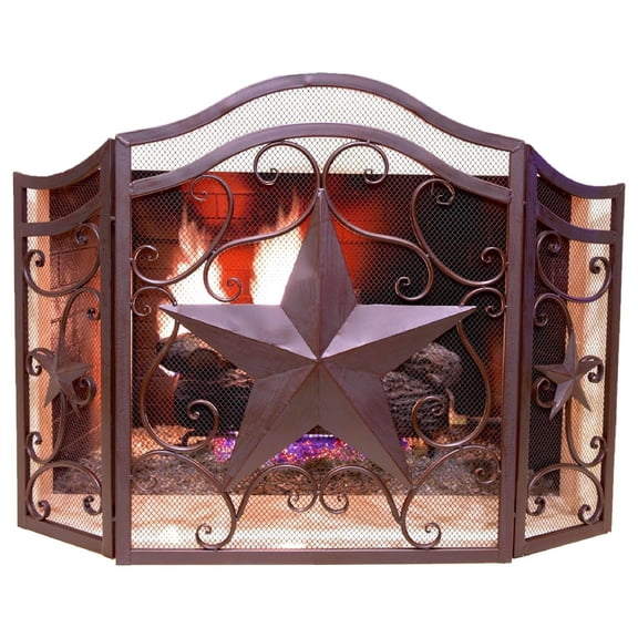 Decorative Metal Heavy Foldable Fireplace Screen with Star and Beautiful Scrolls in Brown Metal Mesh Rustic Western Country