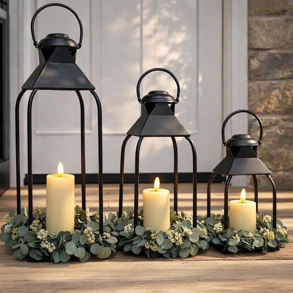 Decorative Metal Lanterns Indoor Outdoor, Candle Holder for Porch, Patio, Fireplace, Floor, Wedding, Christmas, Fall, Holiday, Farmhouse Table Centerpiece (Black, Set of 3 20" 15.7" 12")