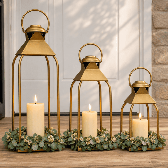 Decorative Metal Lanterns Indoor Outdoor Candle Holder For Porch Patio Fireplace Floor Weddingmas Fall Holiday Farmhouse Table Centerpiece (antique Set Of 3 20" 15.7" 12")