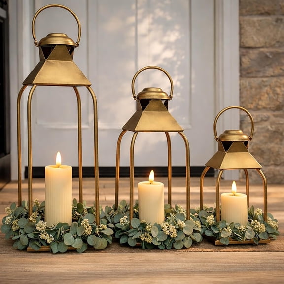 Decorative Metal Lanterns Set of 3 Candle Holders for Indoor Outdoor Porch Patio Fireplace Floor Wedding Christmas Fall Holiday Farmhouse Table Centerpiece Antique Gold 20" 15.7" 12
