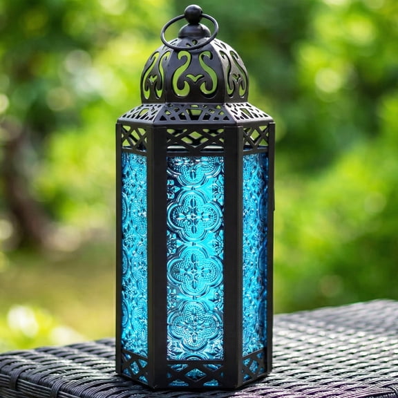 10.5" Medium Moroccan Lantern Candle Holder – Black with Blue Glass, Metal Decorative Lamp for Indoor/Outdoor Patio or Porch Use, Home Decor, Ramadan, Weddings