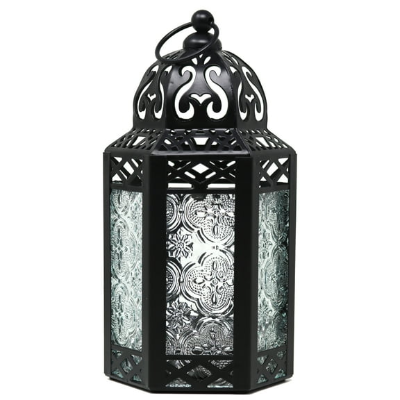8.5" Small Moroccan Lantern Candle Holder – Black Metal with Clear Glass, Decorative Lamp for Indoor/Outdoor Use, Home Decor, Ramadan, Weddings, Patio