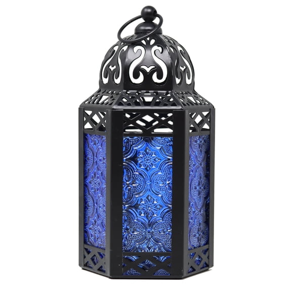 8.5" Small Moroccan Lantern Candle Holder – Black Metal with Cobalt Blue Glass, Decorative Lamp for Indoor/Outdoor Use, Home Decor, Ramadan, Weddings, Patio