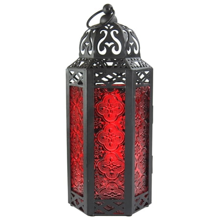 10.5" Medium Moroccan Lantern Candle Holder – Black with Red Glass, Metal Decorative Lamp for Indoor/Outdoor Patio or Porch Use, Home Decor, Ramadan, Weddings