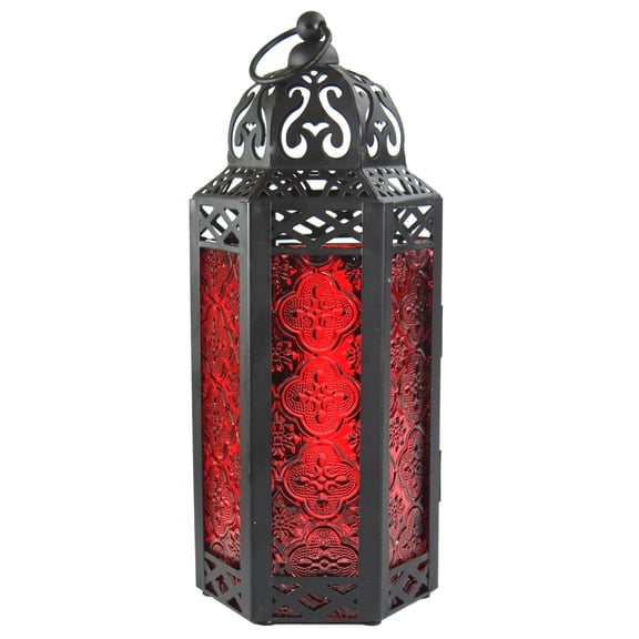 10.5" Medium Moroccan Lantern Candle Holder – Black with Red Glass, Metal Decorative Lamp for Indoor/Outdoor Patio or Porch Use, Home Decor, Ramadan, Weddings