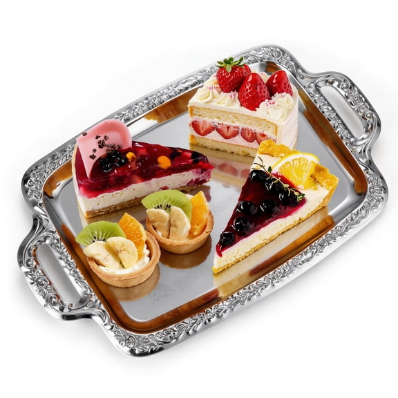 Decorative Metal Serving Tray with Handles Rectangle Silver Platter Embossed Rim Food Tray for Party Dessert Coffee Table