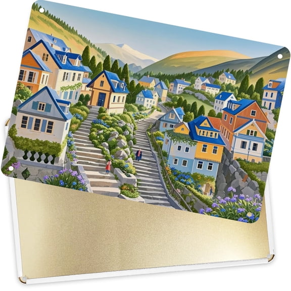 Decorative Metal Signs Plaques Colorful Hilltop Town with Blue-Roof Houses for Home Yard Decor 16x12inch