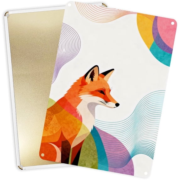Decorative Metal Signs Plaques Geometric Color Block Fox with Colorful Wavy for Home Yard Decor 16x12inch