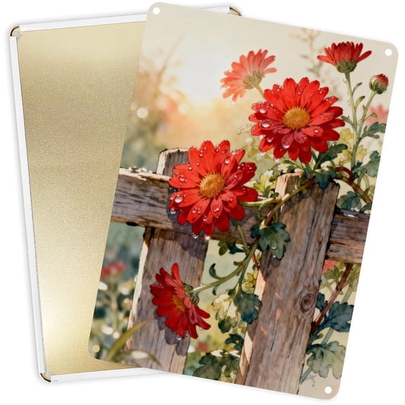 Decorative Metal Signs Plaques Sunlit Red Chrysanthemums for Home Yard Decor 16x12inch