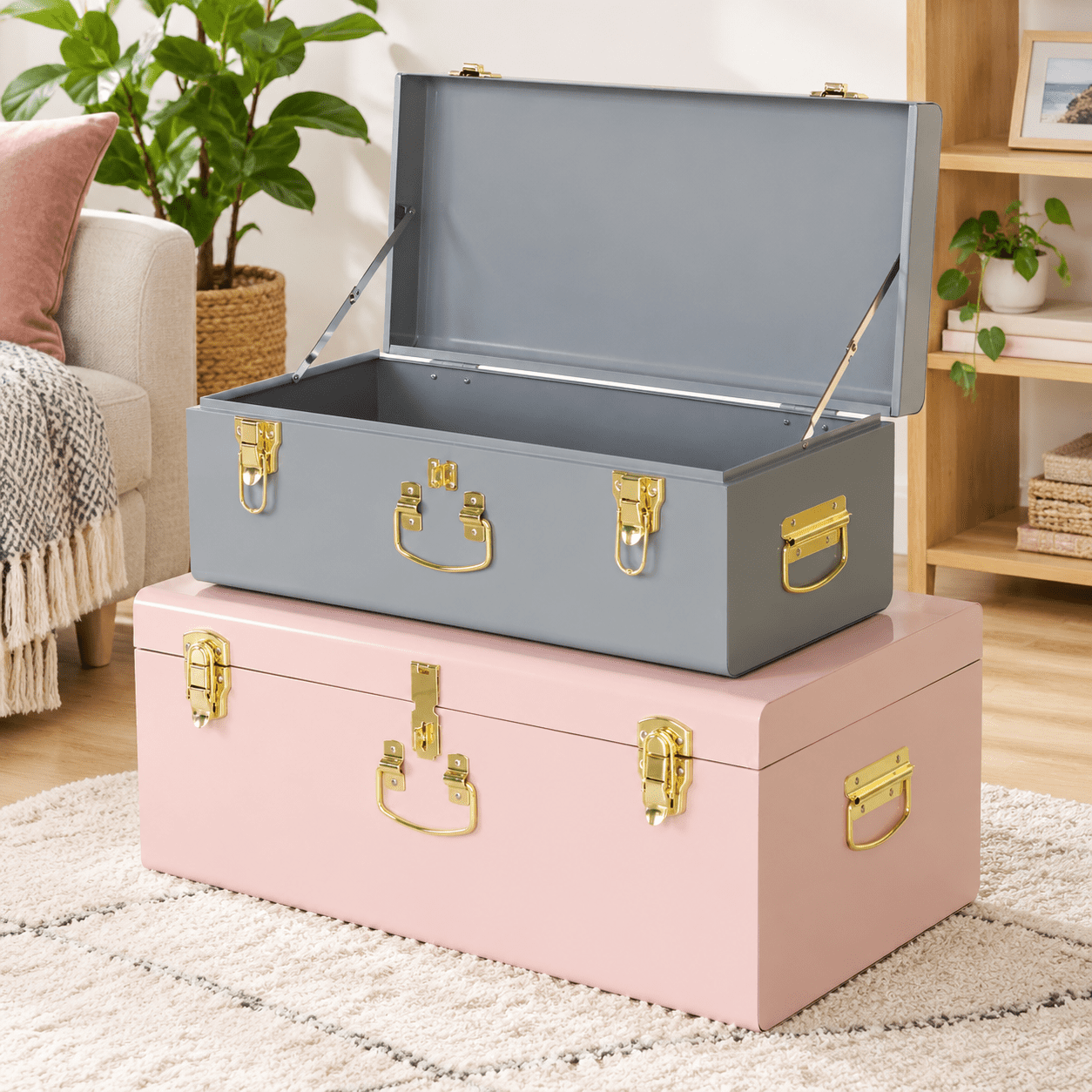 Decorative Metal Storage Trunk Set, Gray and Pink, 25.91 x 16.50 x 11. ...