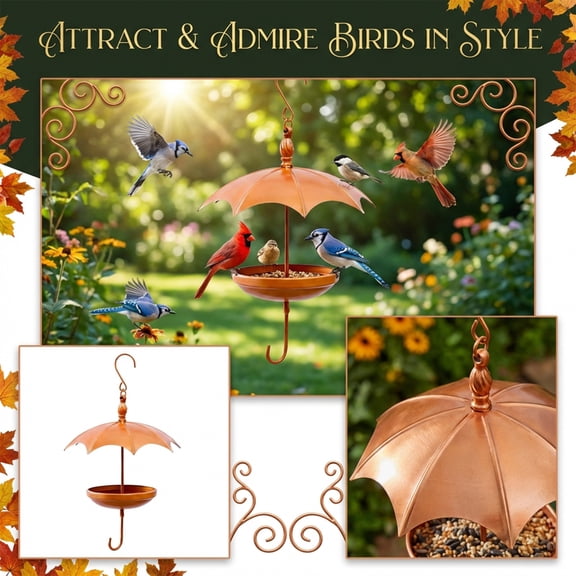 Decorative Metal Umbrella Shaped Bird Feeder Hanging Weatherproof Outdoor Garden Patio Decor Birdfeeder with Canopy Feeding Tray for Backyard Wild Birds Garden Art Gift