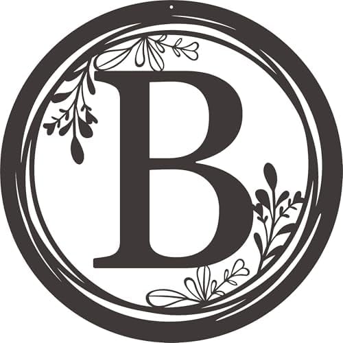 Decorative Metal Wall Art Sign with Letter B-Round Monogram Plaque with FloraDesign,Black Circle sign for Front Door, Porch, Garden, Patio, Living Room(B)