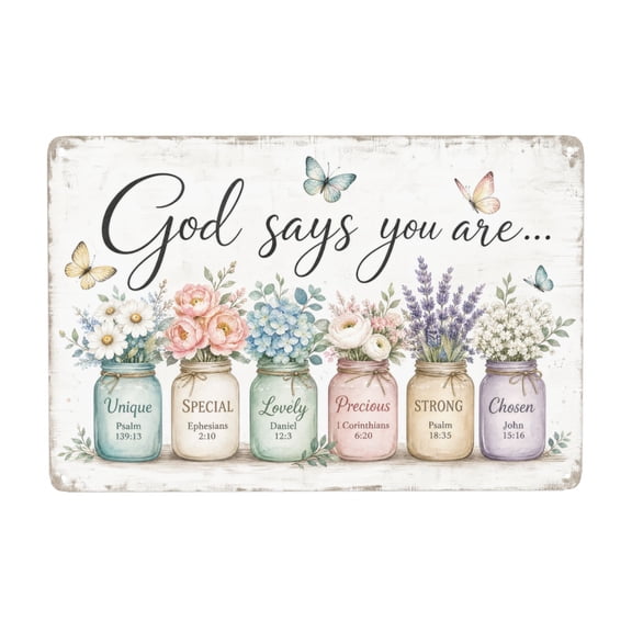 Decorative Metal Wall Sign 8x12 Inch - "God Says You Are" Inspirational Floral Mason Jar Art - Christian Home Decor for Indoor Outdoor Use - Rustic Vintage Style with Bible Verses