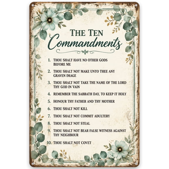 Decorative Metal Wall Sign 8x12 Inch - The Ten Commandments Rustic Vintage Style Iron Art - Inspirational Floral Design Home Decor with Pre-Drilled Holes for Easy Hanging, Indoor/Outdoor Use