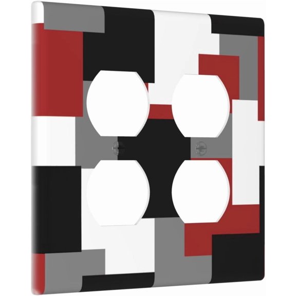 Decorative Mid Century Receptacle Outlet Cover Red Grey Black Abstract Geometric Art 2-Gang Wall Plate, Red Grey White Modern Colored Plaid Two Gang Double Duplex Outlet Plate and Light Switch Covers