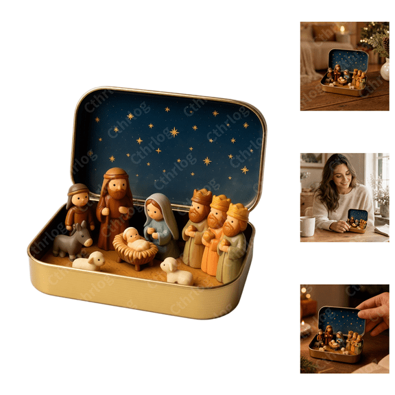 Decorative Mini Nativity Scene Kit, Plastic Holy Family Figurines Packed in Starry Metal Box, Christmas Decorations Indoor, Sentimental Christmas Decor, Religious Home Ornament & Christmas Gift
