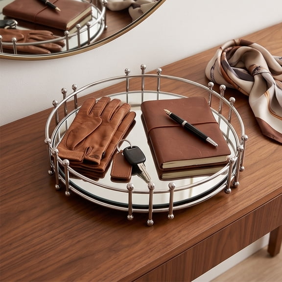 Decorative Mirror Tray, Round Beaded Vanity Tray Elegant Jewelry Perfume Cosmetic Organizer Serving Display Tray, Metal Mirror Accent for Bathroom Bedroom Coffee Table Dresser Decor