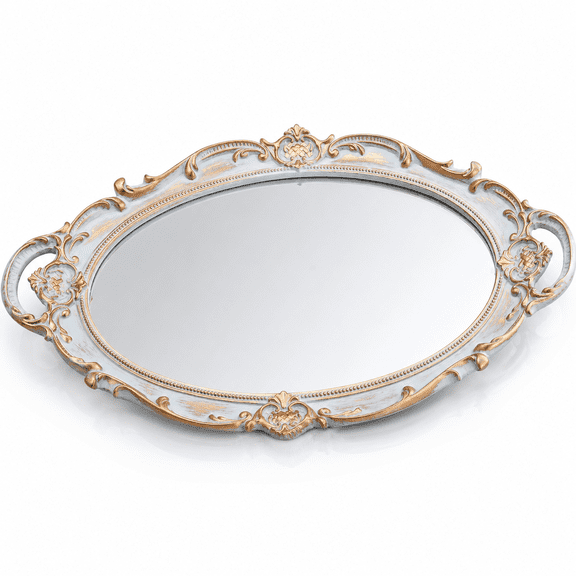 Decorative Mirror Tray,Vintage Oval Display Tray for Perfume,Makeup,Jewelry,Cosmetic Tray,Serving Tray for Dressing Room,Bedroom,Living Room,Grey Gold