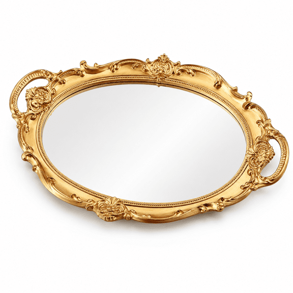 Decorative Mirror Tray,Vintage Oval Display Tray for Perfume,Makeup,Jewelry,Cosmetic Tray,Serving Tray for Dressing Room,Bedroom,Living Room,Gold