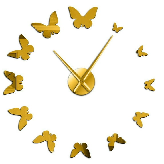 Decorative Mirror Wall Clock Nature Flying Butterflies Modern Design Luxury DIY Large Wall Clock Frameless Wall Watch Clock(Gold,47inch)