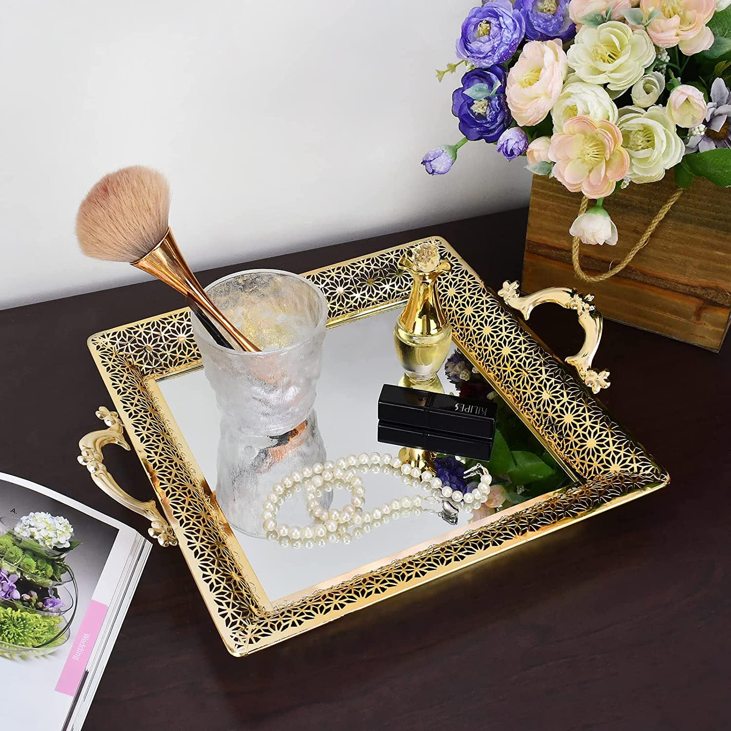 Small Elegant Decorative Resin Tray With Gold Clear Handles