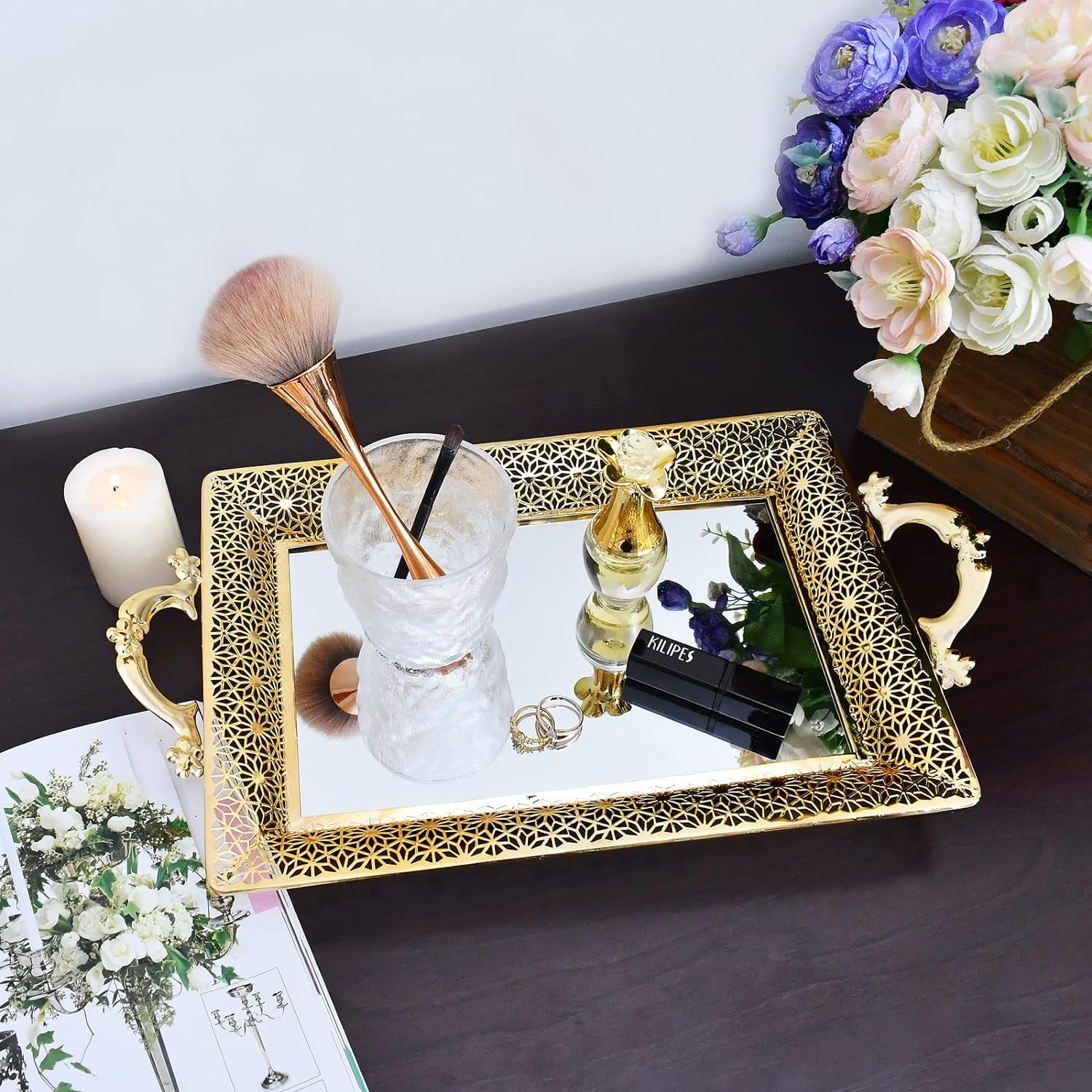 Decorative Mirrored Tray With Metal Handles, Vintage Mirror Tray