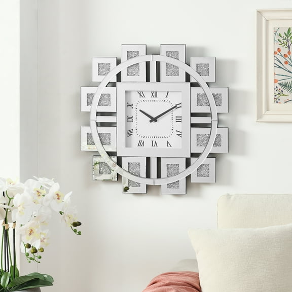 Decorative Mirrored Wall Clock, Crystal Sparkle Twinkle Bling Diamond Wall Clock, Modern Mirror Clock Art Decor for Home Office Living Room Bedrooms