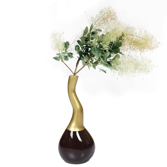 Decorative Modern Table Flower Vase Aluminium-Casted, Two Tone Brown and Gold 10 Inch