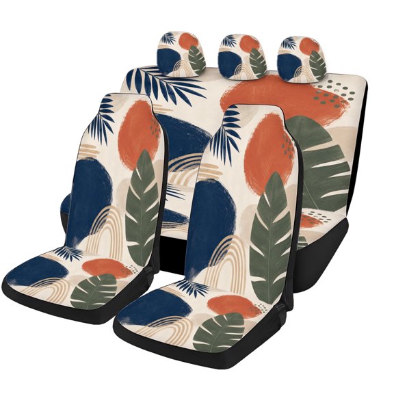 Decorative Modern Tropical Leaf Car Seat Covers Full Set, Universal Auto Seat Covers with Front Seat Covers, Rear Bench Cover and Headrest Covers for Cars SUVs Trucks Vans