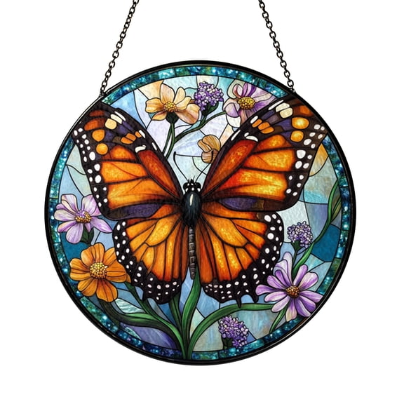 Decorative Monarch Butterfly Faux Stained Glass Window Cling, Glossy Double Sided Translucent Nature Window Decal for Living Room Bedroom