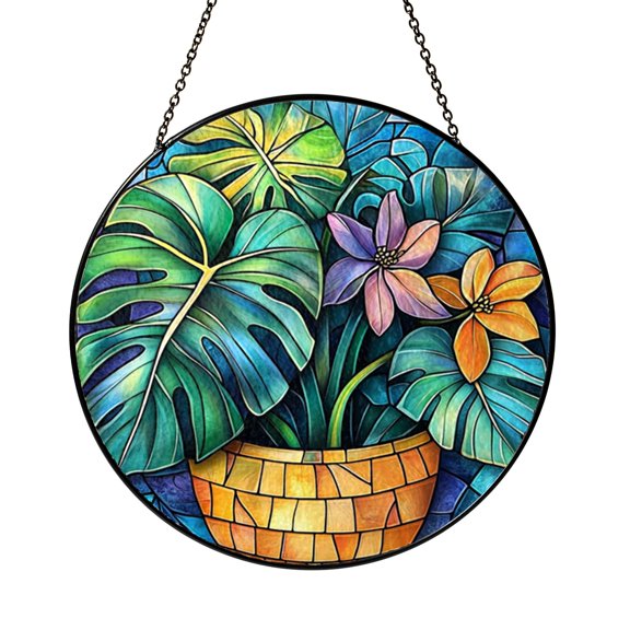 Decorative Monstera Leaf Stained Glass Style Suncatcher Window Hanging, Tropical Plant Window Ornament Glass Art Panel for Botanical Inspired Home Decor
