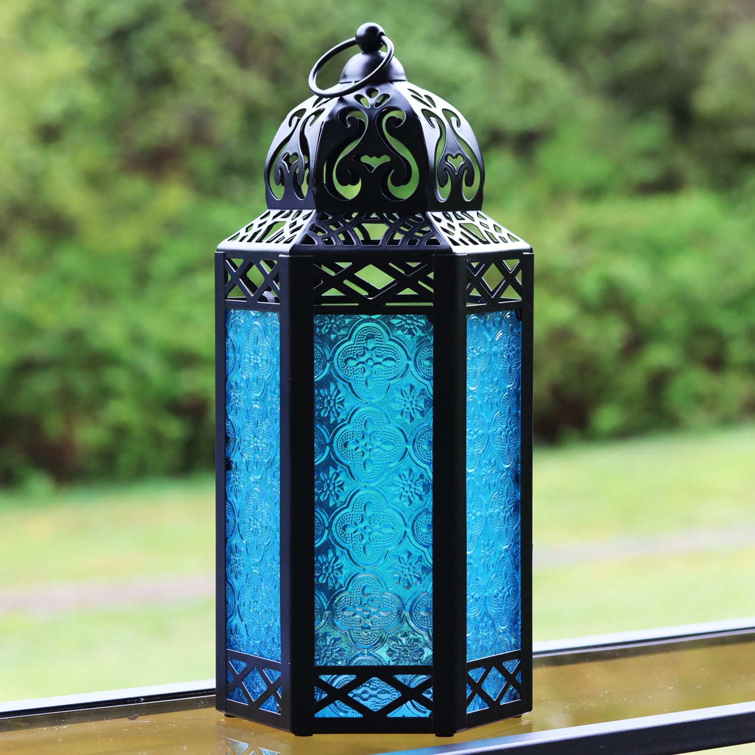 Decorative Moroccan Style Candle Lantern with LED Lights Blue