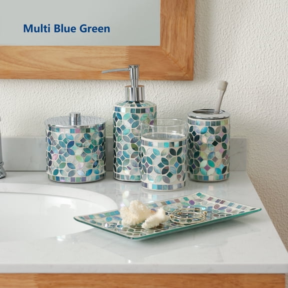 Decorative Mosaic Glass Bathroom Accessories Set 5PCs - Includes Hand Soap Dispenser &Cotton Jar & Tumbler & Vanity Tray & Toothbrush Holder